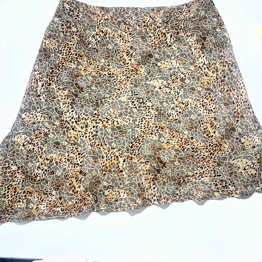Y2K Worthington 100% Silk Leopard Lace Print Asymmetrical Slit Ruffled 16 Skirt